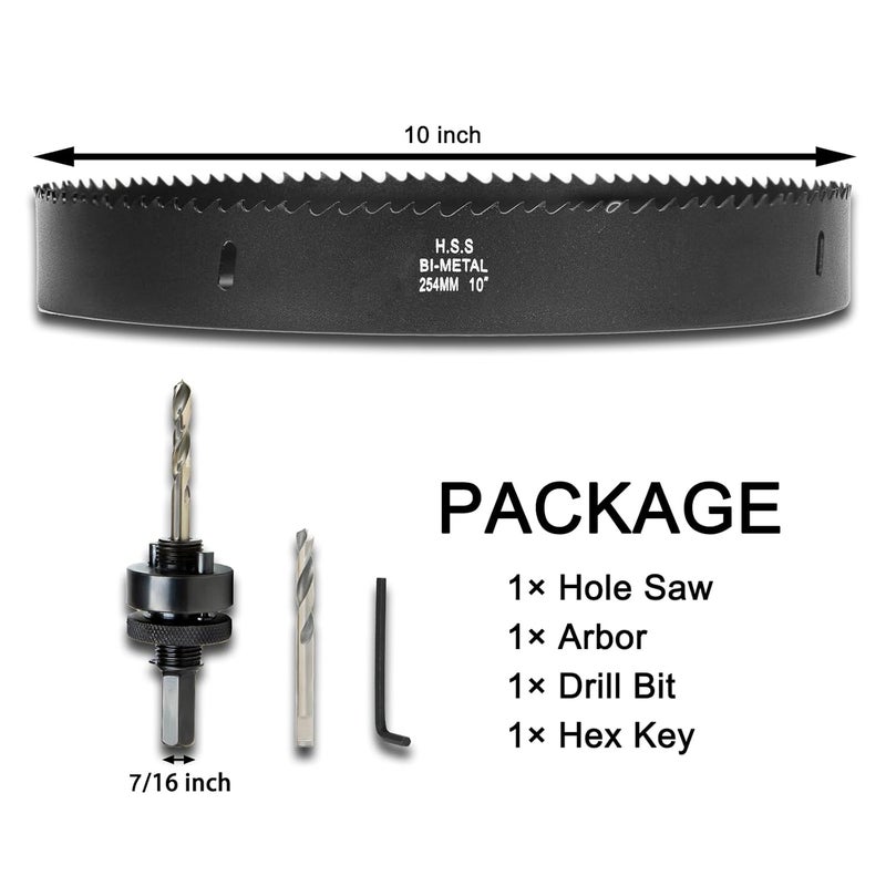 VIKITON 10 Inch Hole Saw with Arbor for Wood Metal Plastic, 10 in Bimetal Hole Cutter, Fast Chip Removal, Smooth Flat Drilling Edge, Lightweight & Portable (Black) - Image 3